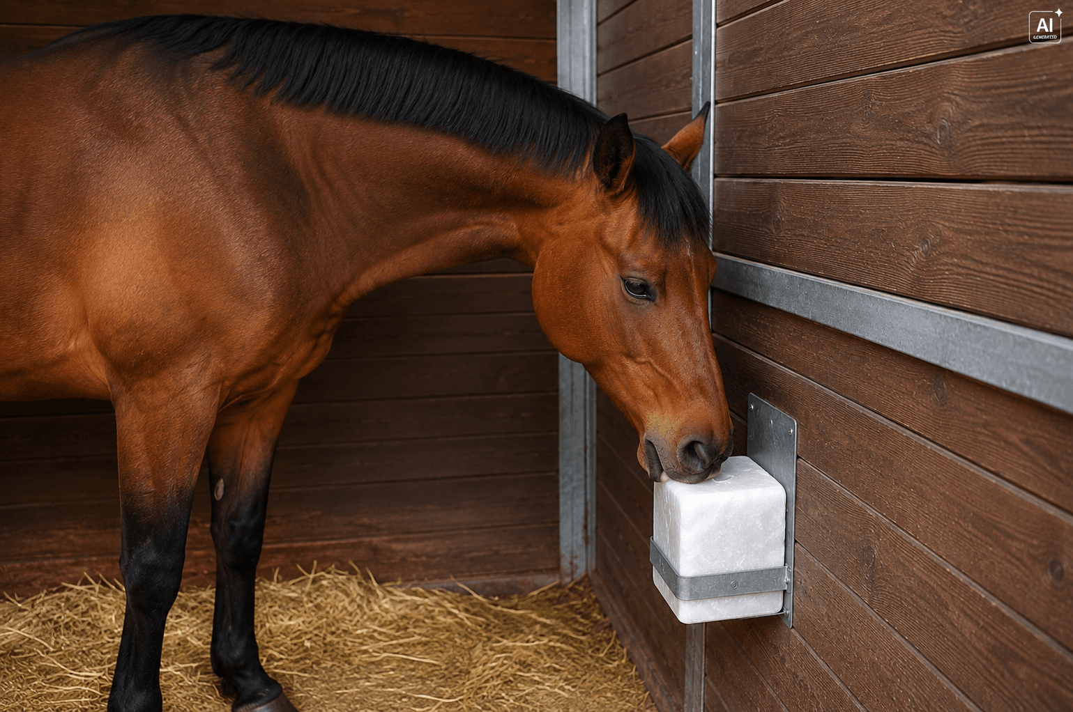 Braunes Pferd leckt an einem weißen Salzleckstein in einer Stallbox