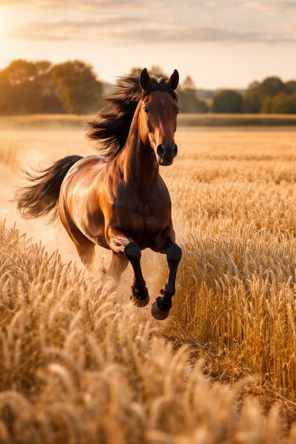 Braunes Pferd läuft frei durch ein reifes Getreidefeld bei Sonnenuntergang auf dem Land