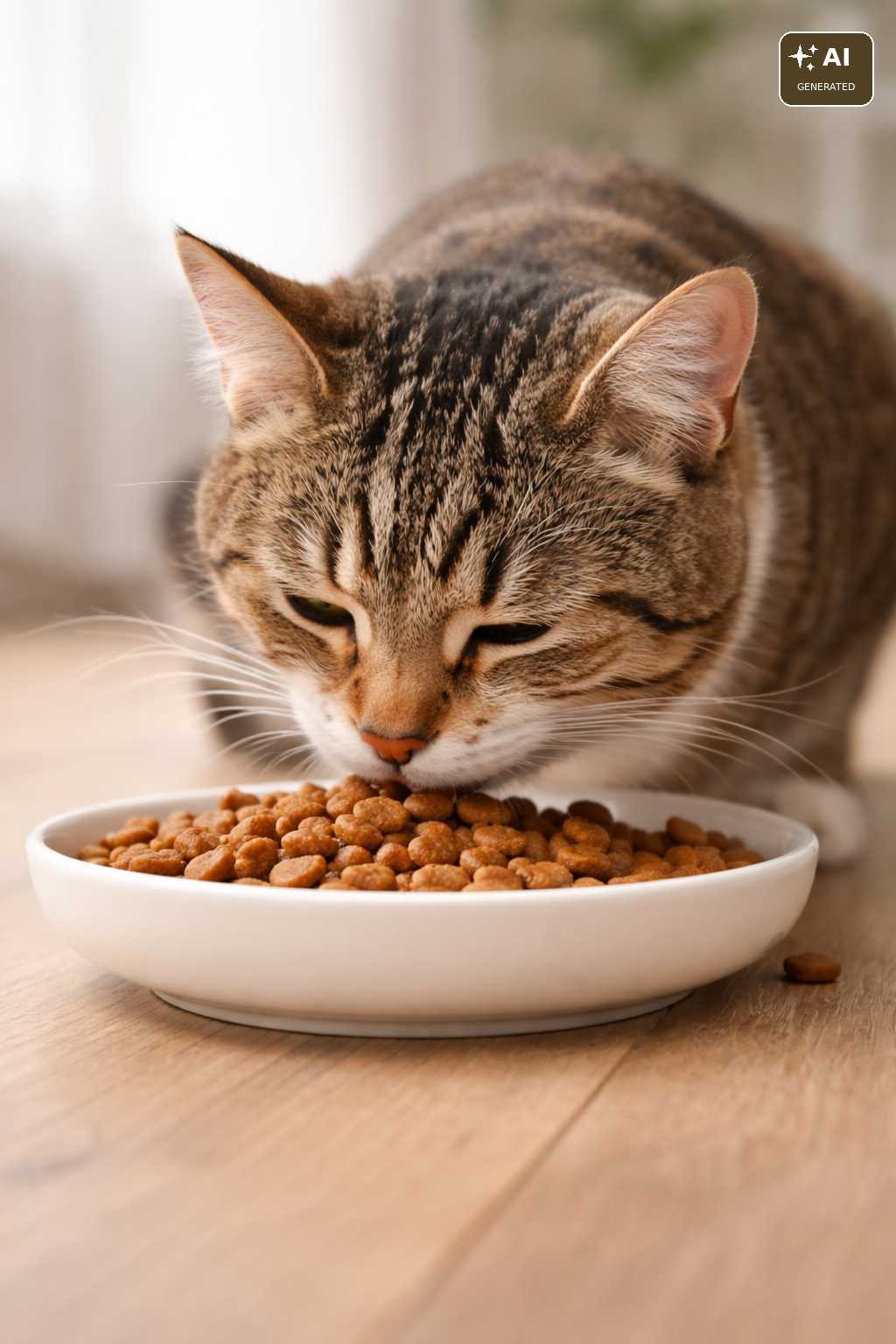 Getigerte Katze frisst Trockenfutter aus einem weißen Futternapf