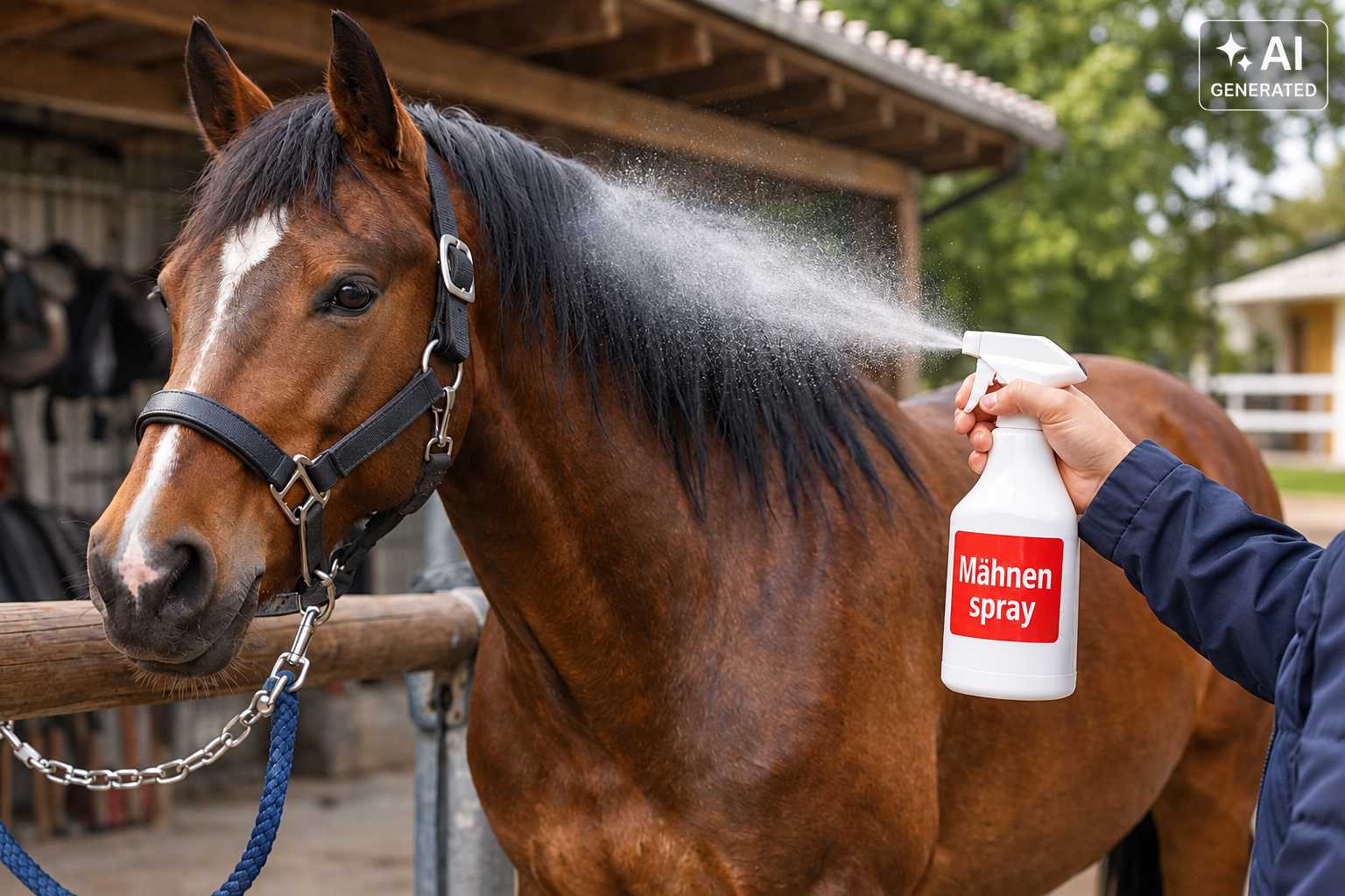 Braunes Pferd mit schwarzer Mähne steht am Stall und wird mit einem Mähnenspray eingesprüht. Der feine Sprühnebel verteilt sich über die Mähne.