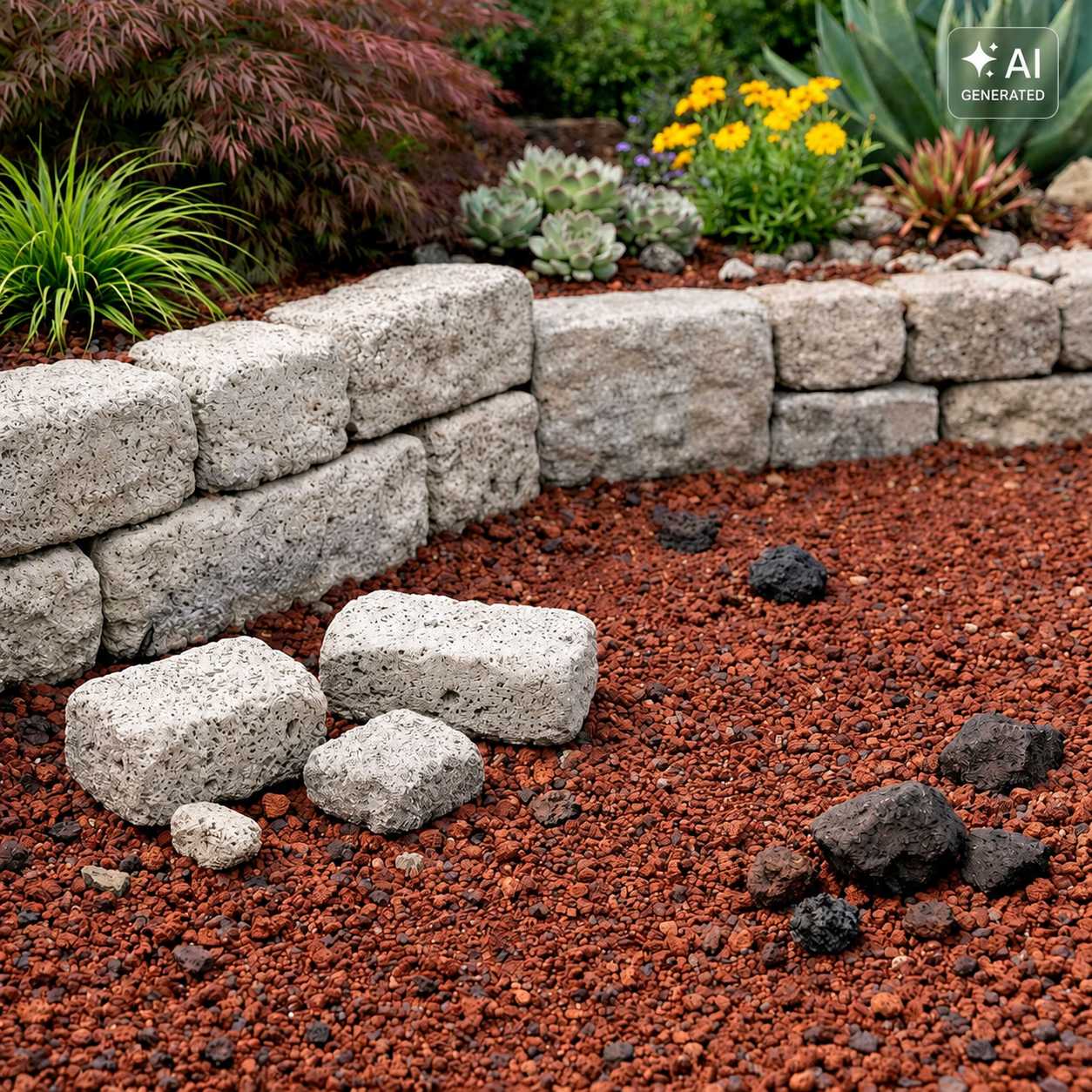 Roter Lava-Mulch und Natursteine als Gartengestaltung