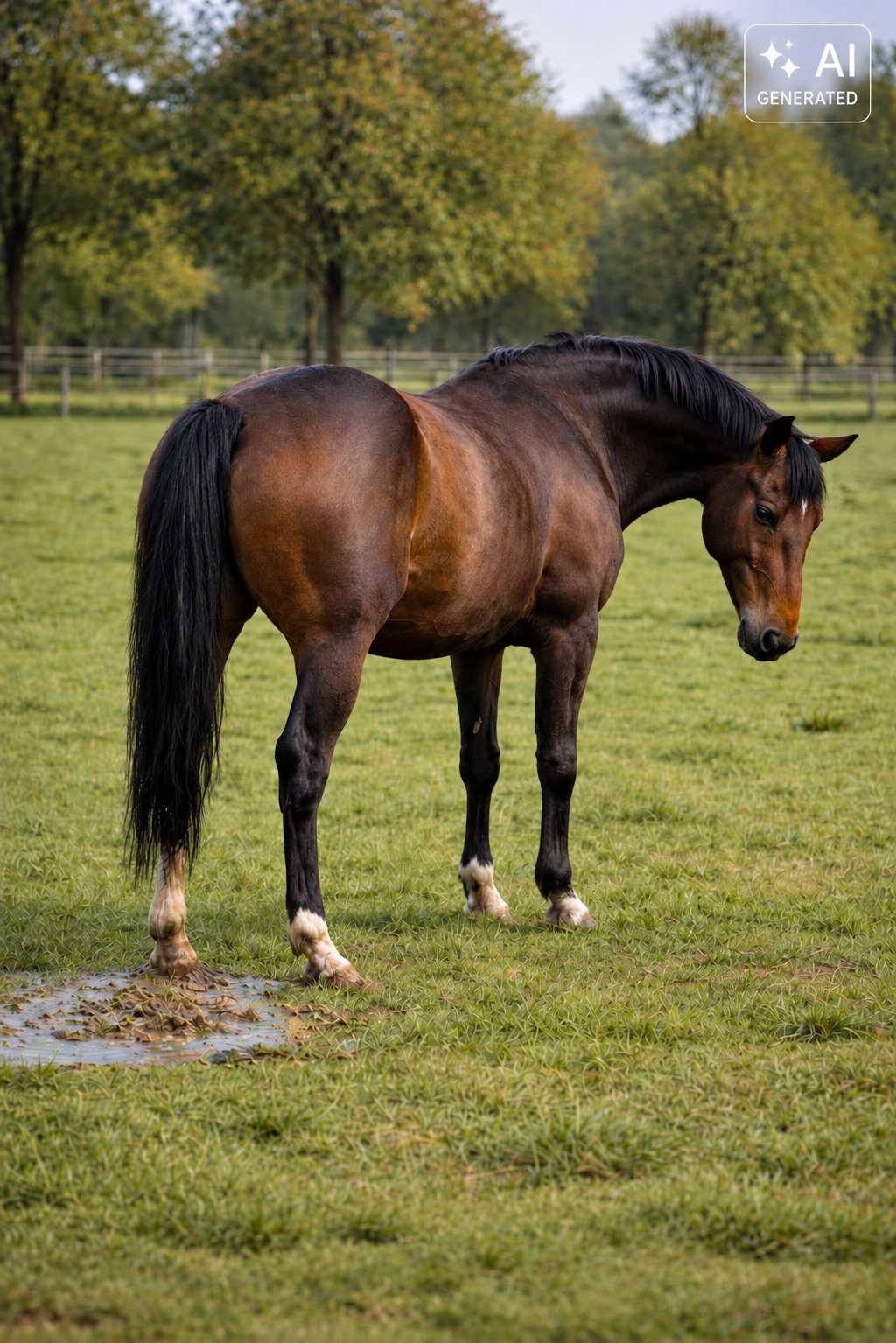 Braunes Pferd steht mit gesenktem Kopf auf einer grünen Weide