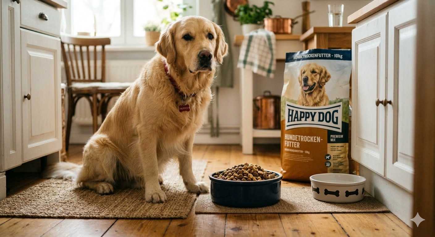 Golden Retriever sitzt in der Küche vor einem Napf mit Trockenfutter, daneben steht ein Beutel Hundefutter