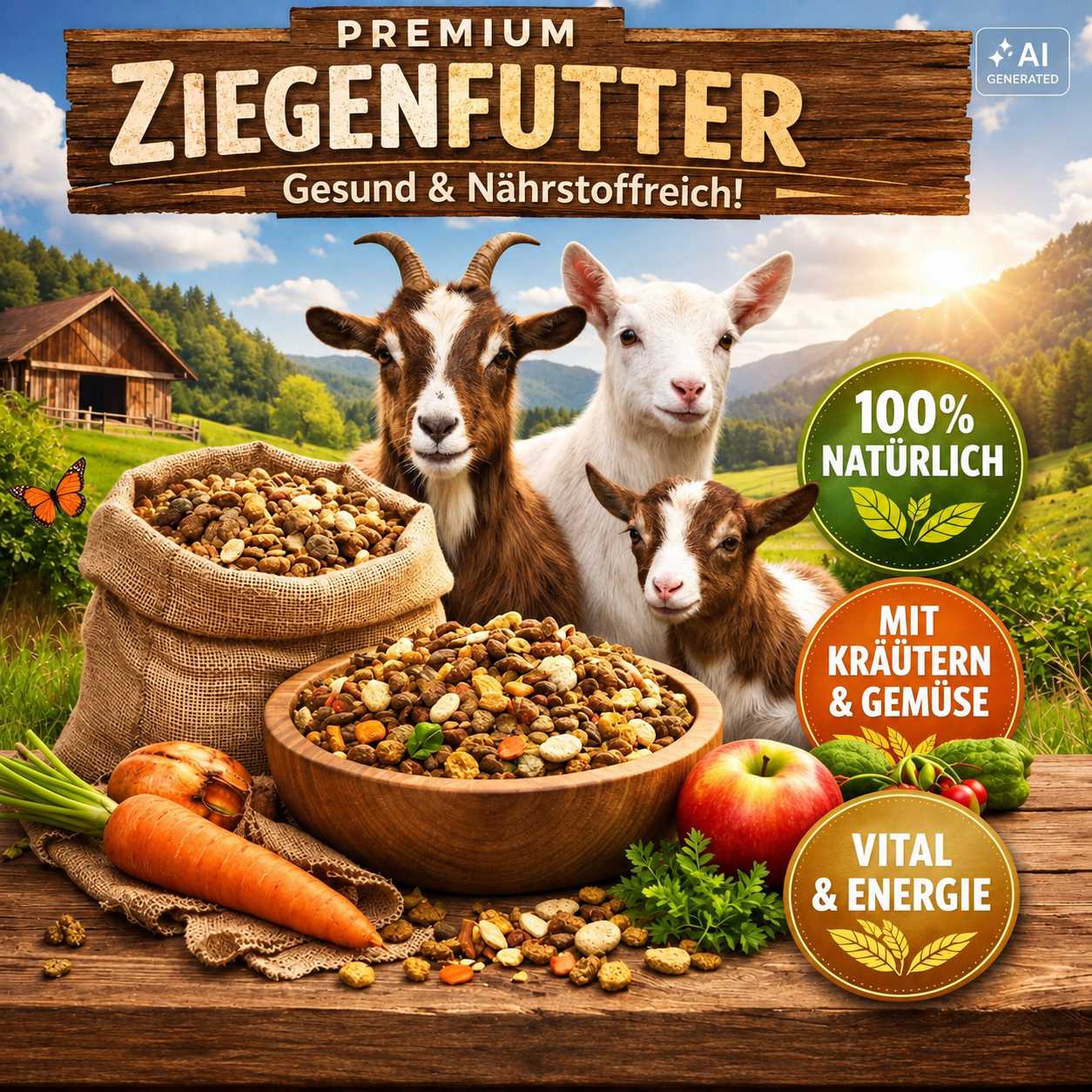 Ziegen neben einer Futtermischung mit Getreide, Kräutern und Gemüse