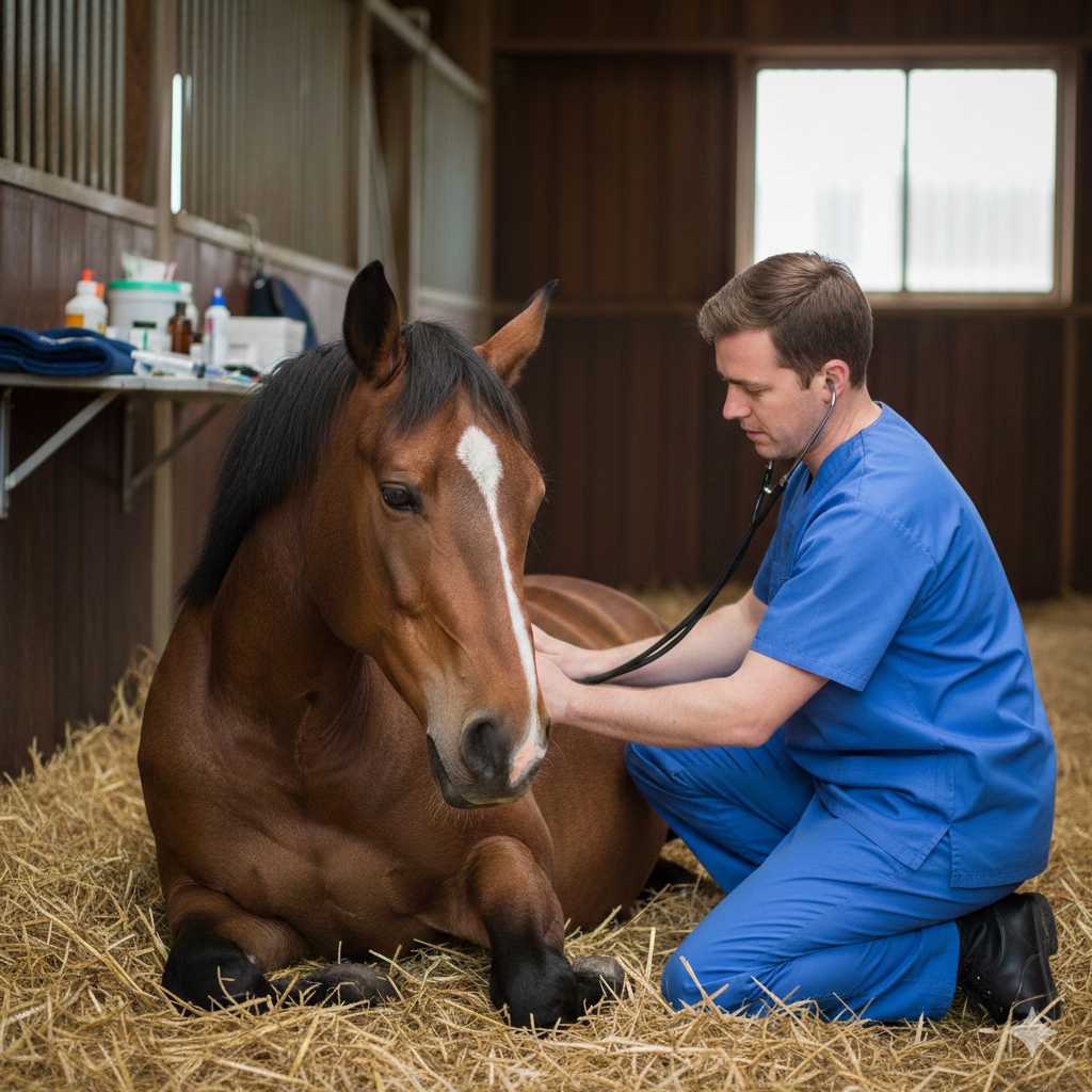 Tierarzt in blauer Arbeitskleidung untersucht ein liegendes Pferd im Stall mit einem Stethoskop.