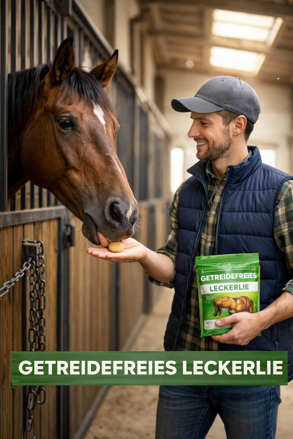 Mann füttert Pferd im Stall mit getreidefreiem Leckerli aus der Hand