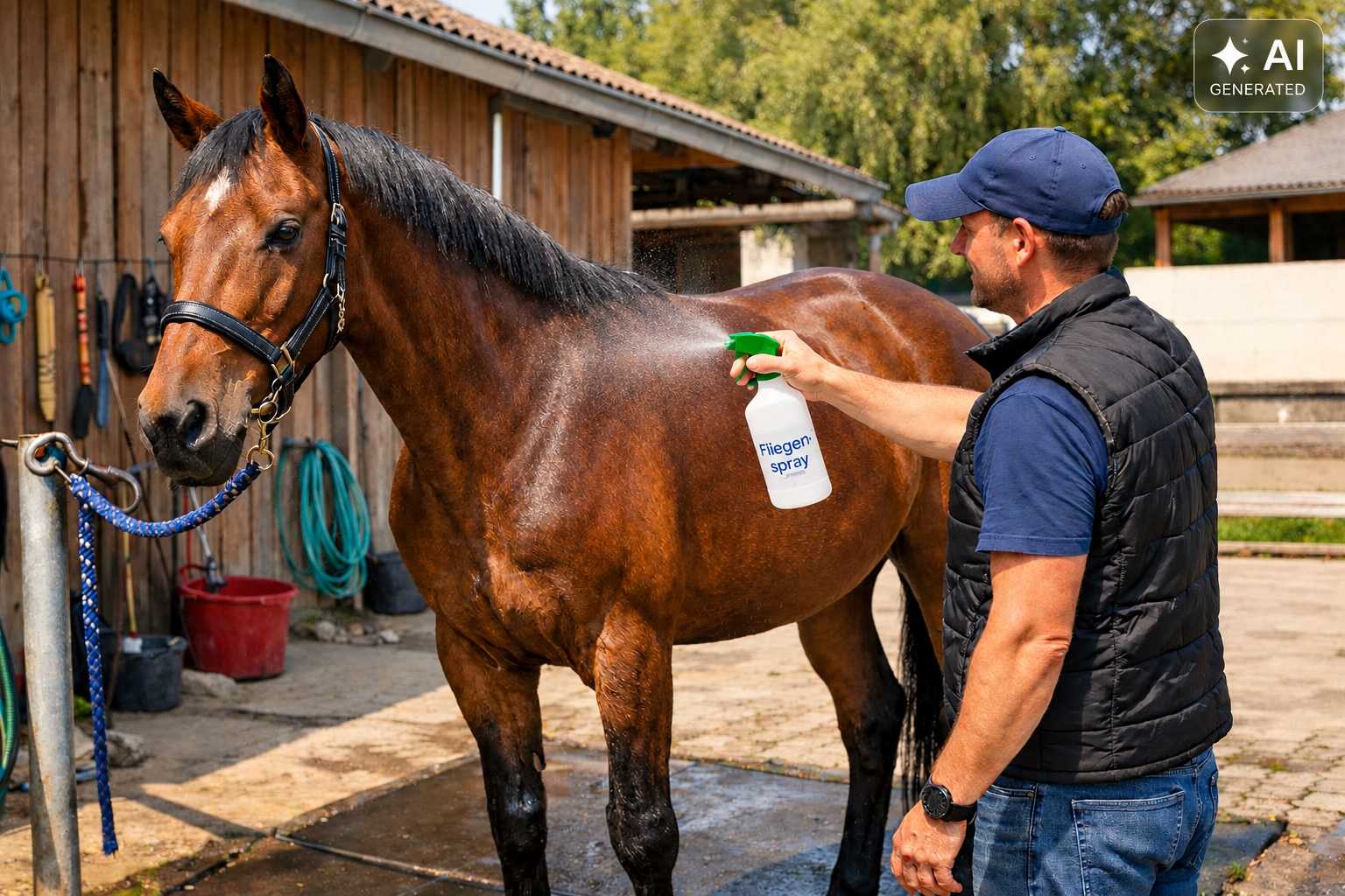 Mann trägt Pflegespray auf das Fell eines braunen Pferdes am Stall auf