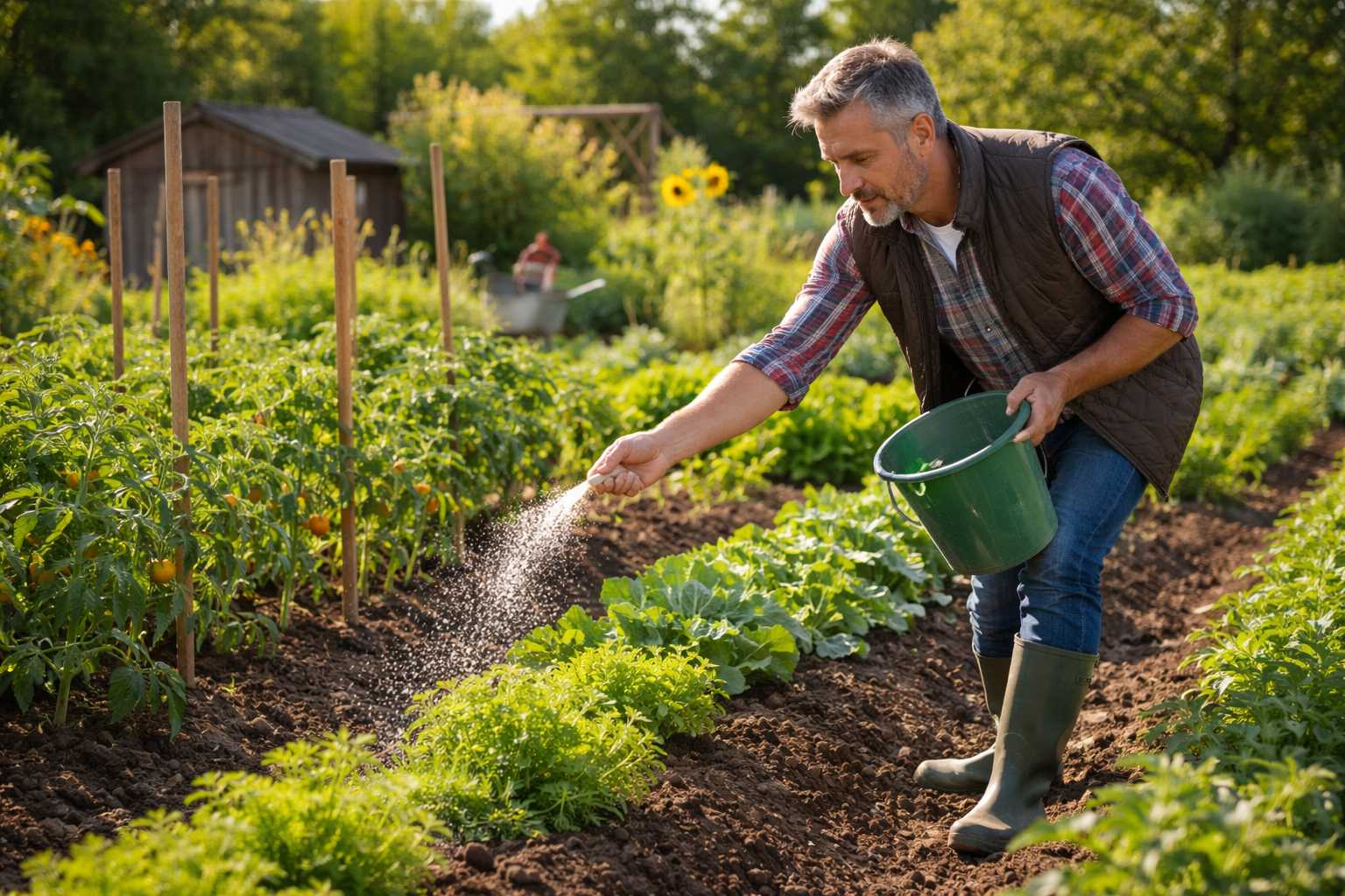 Mann streut Dünger auf ein Gemüsebeet mit Tomaten- und Salatpflanzen in einem gepflegten Nutzgarten