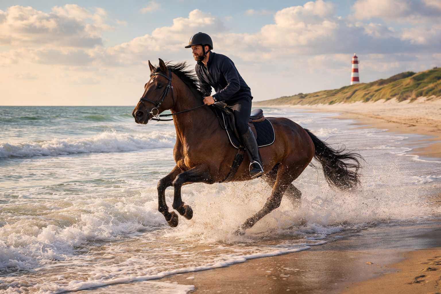 Reiter galoppiert mit Pferd durch die Brandung am Strand, im Hintergrund Meer und Leuchtturm