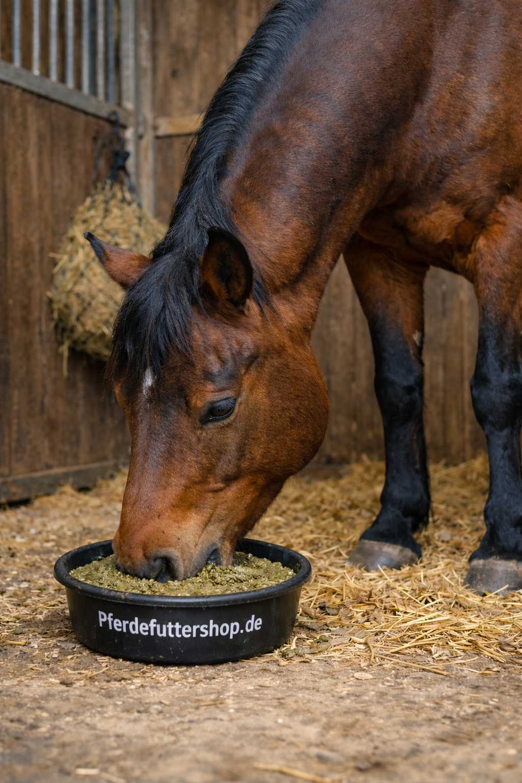 Braunes Pferd frisst Kraftfutter aus einer Futterschüssel im Pferdestall