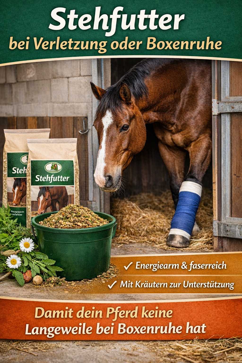 Pferd mit bandagiertem Bein in der Box frisst spezielles Stehfutter aus einem Eimer – geeignet bei Verletzung oder Boxenruhe