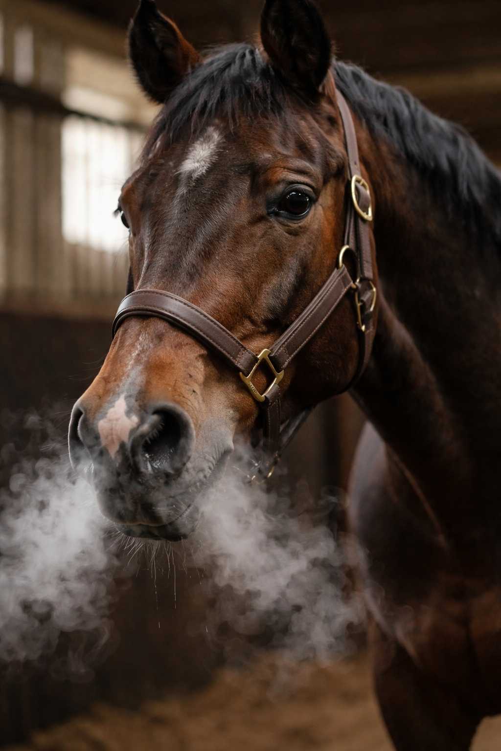 Nahaufnahme eines braunen Pferdes im Stall, aus dessen Nüstern bei kühler Luft sichtbarer Atemdampf aufsteigt.
