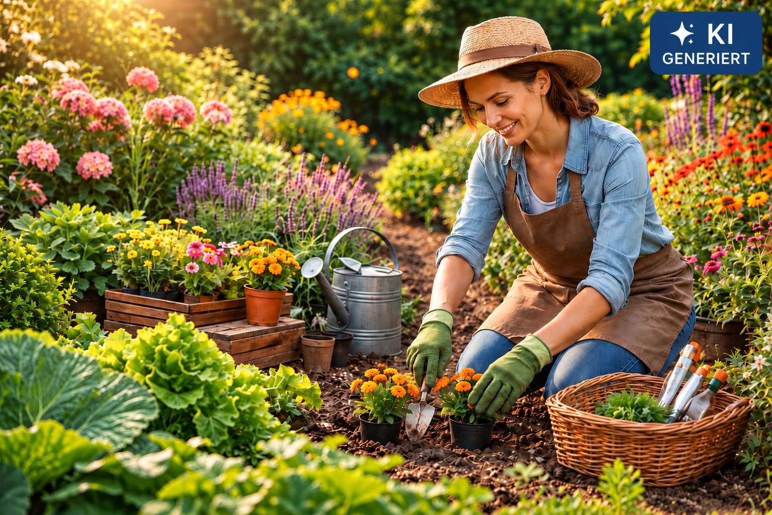 Gärtnerin setzt blühende Pflanzen in ein buntes Gartenbeet mit Gemüse und Stauden