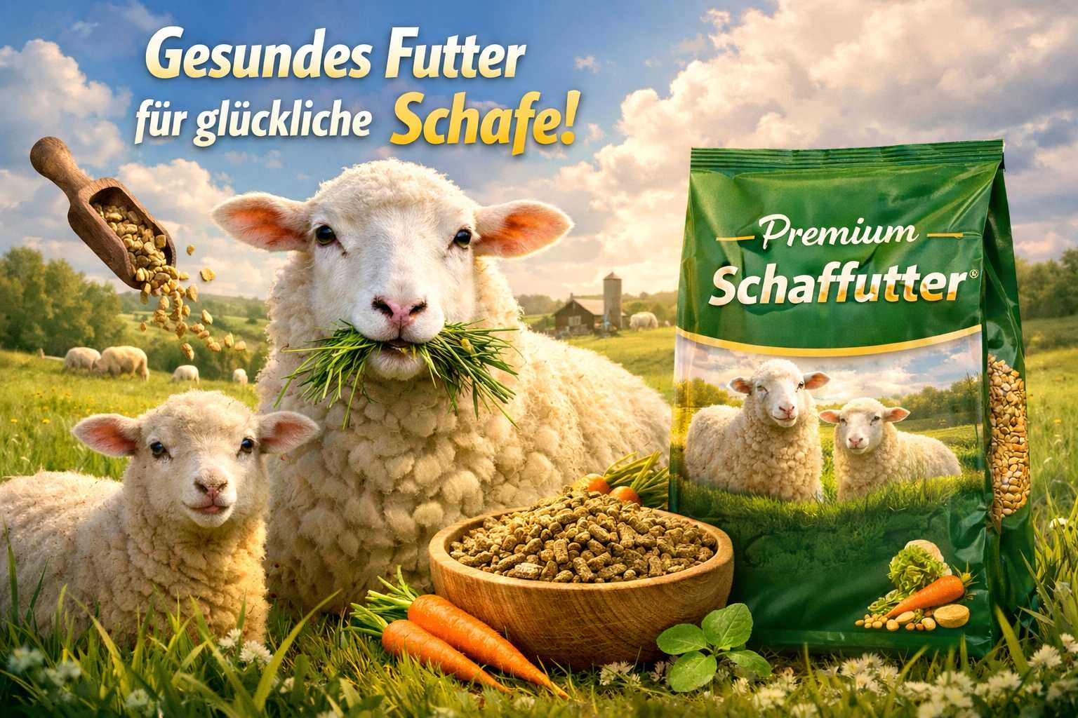 Schaf und Lamm auf einer Wiese neben einem Sack Premium Schaffutter und Futterschale mit Pellets
