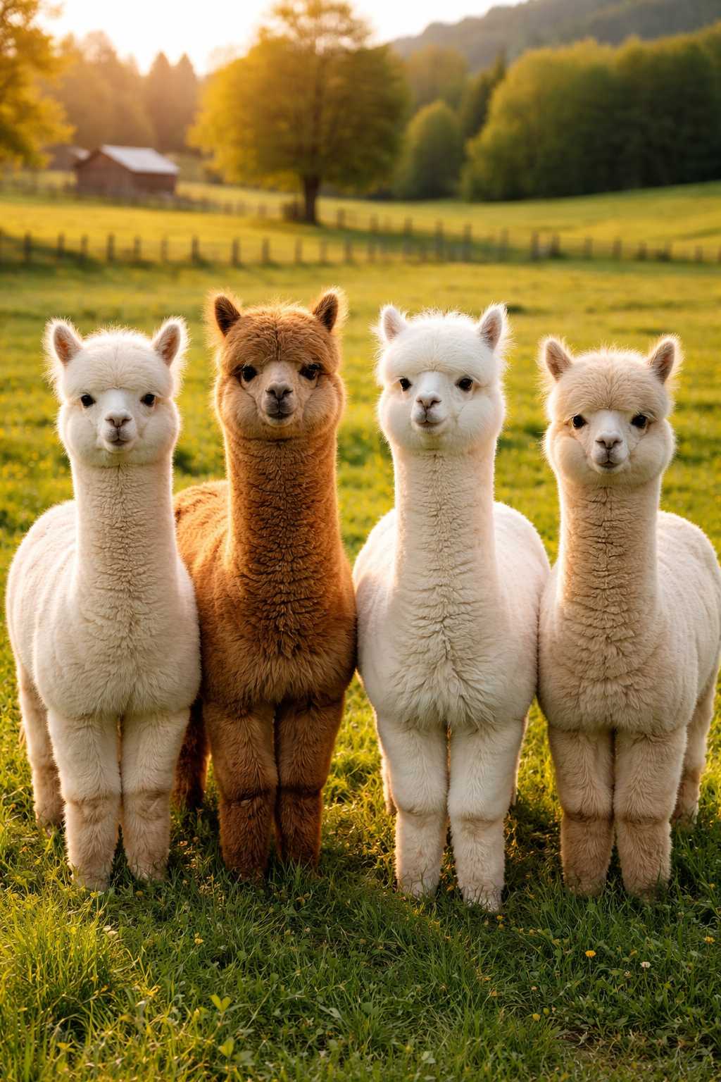 Vier flauschige Alpakas stehen nebeneinander auf einer Wiese vor ländlicher Landschaft im warmen Abendlicht