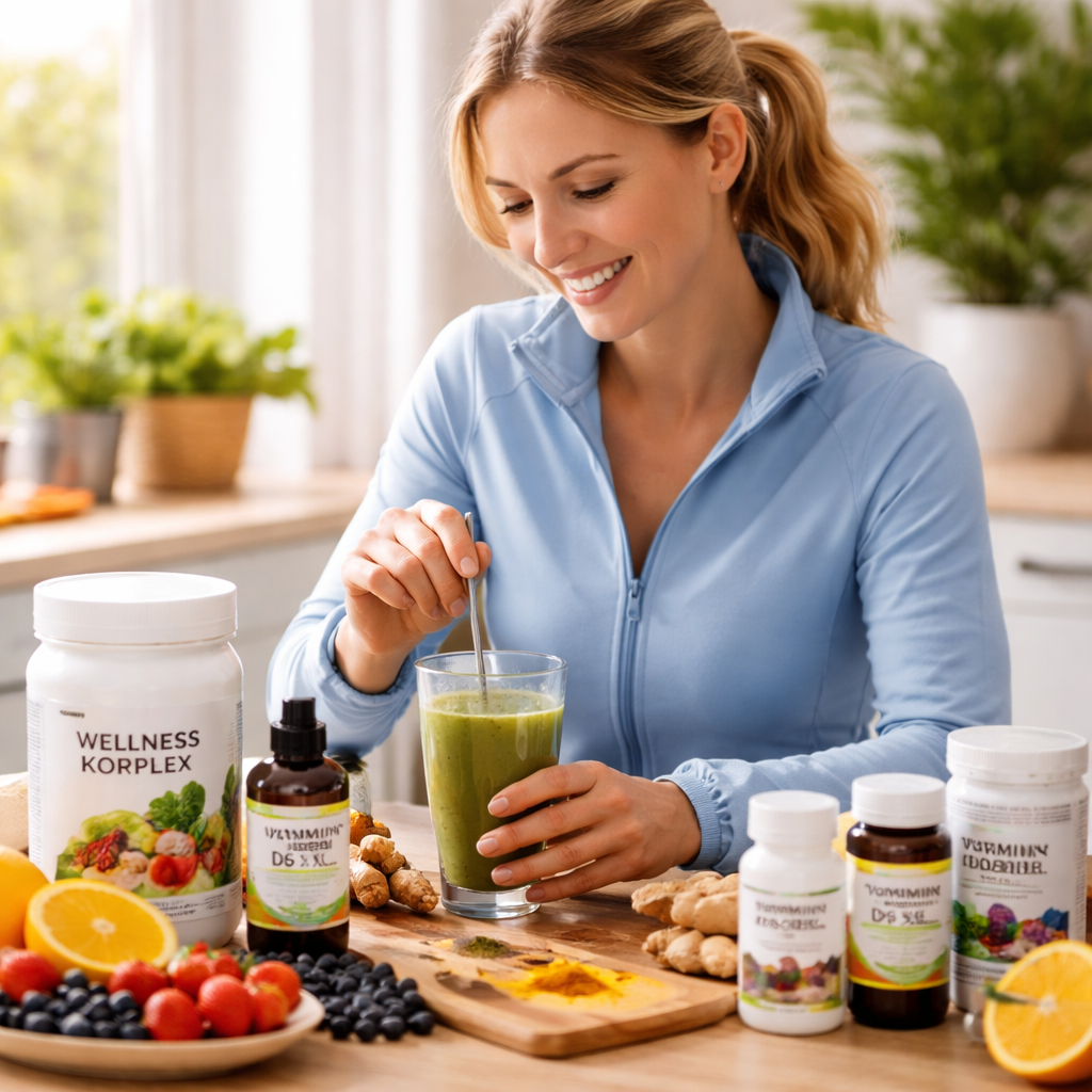 Reiterin bereitet einen Smoothie mit Nahrungsergänzungsmitteln und frischen Zutaten in einer hellen Küche zu