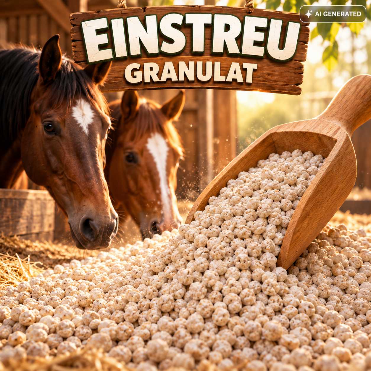 Zwei Pferde neben hellem Einstreugranulat mit einer Holzschaufel im Stall