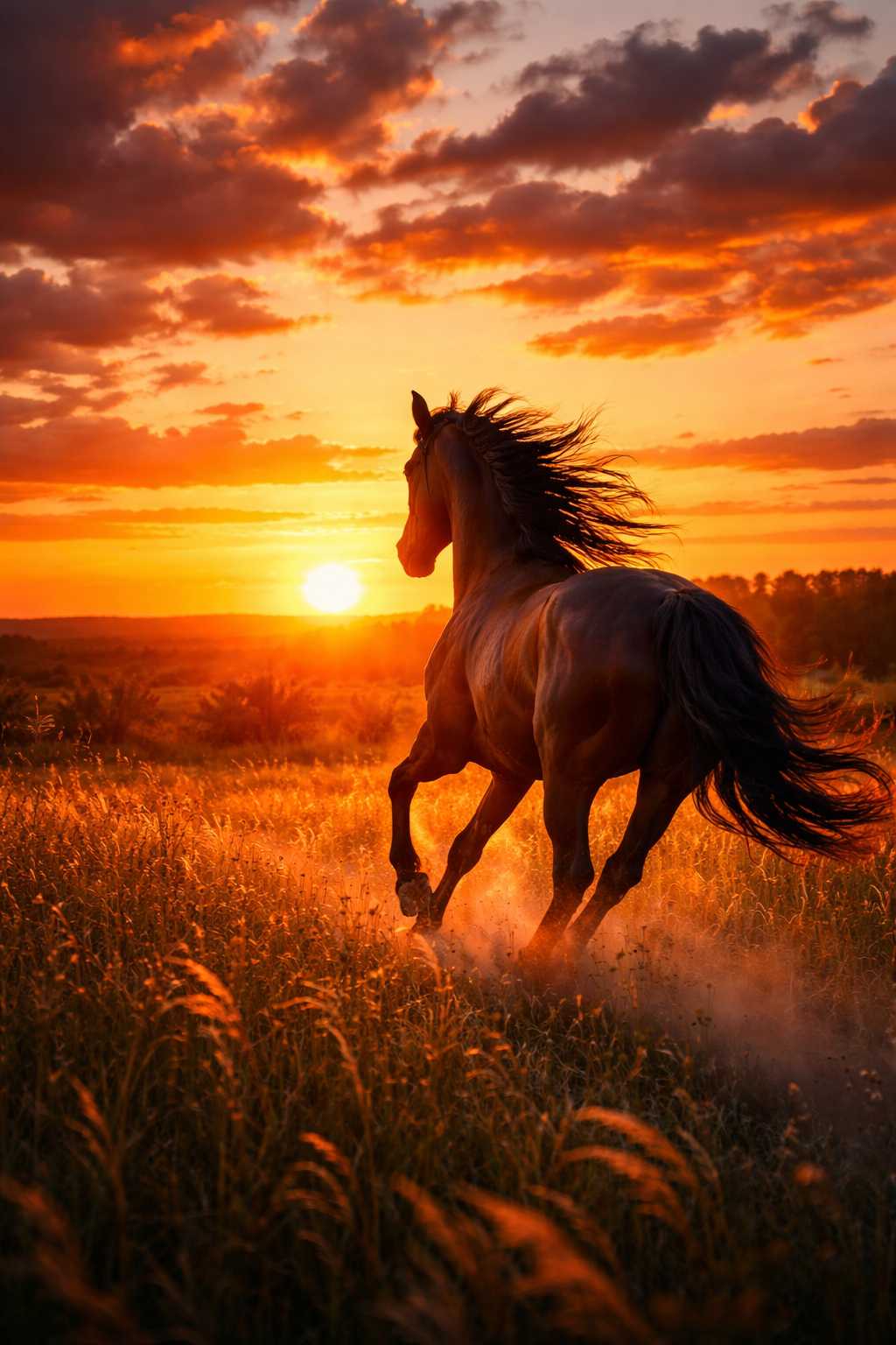 Galoppierendes Pferd läuft frei durch eine Wiese im warmen Licht des Sonnenuntergangs mit Staub und Bewegung