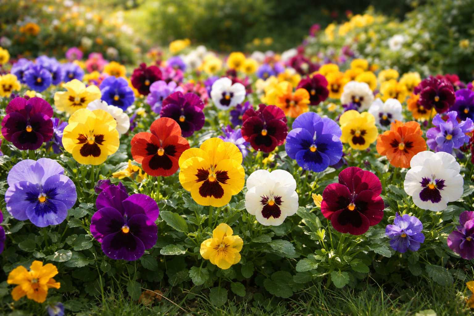 Großflächiges Beet mit blühenden Stiefmütterchen in Gelb, Lila, Weiß, Rot und Blau bei sonnigem Wetter