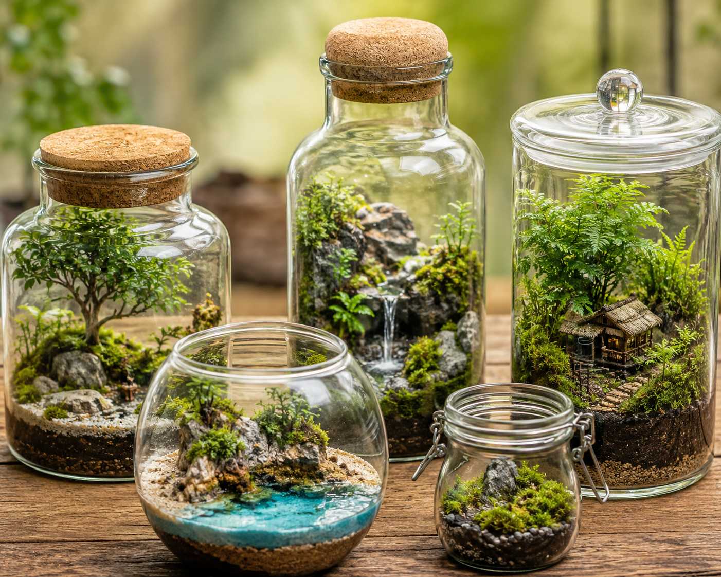 Mehrere Glasgefäße mit kleinen Terrarien, Pflanzen, Moos und Miniaturlandschaften