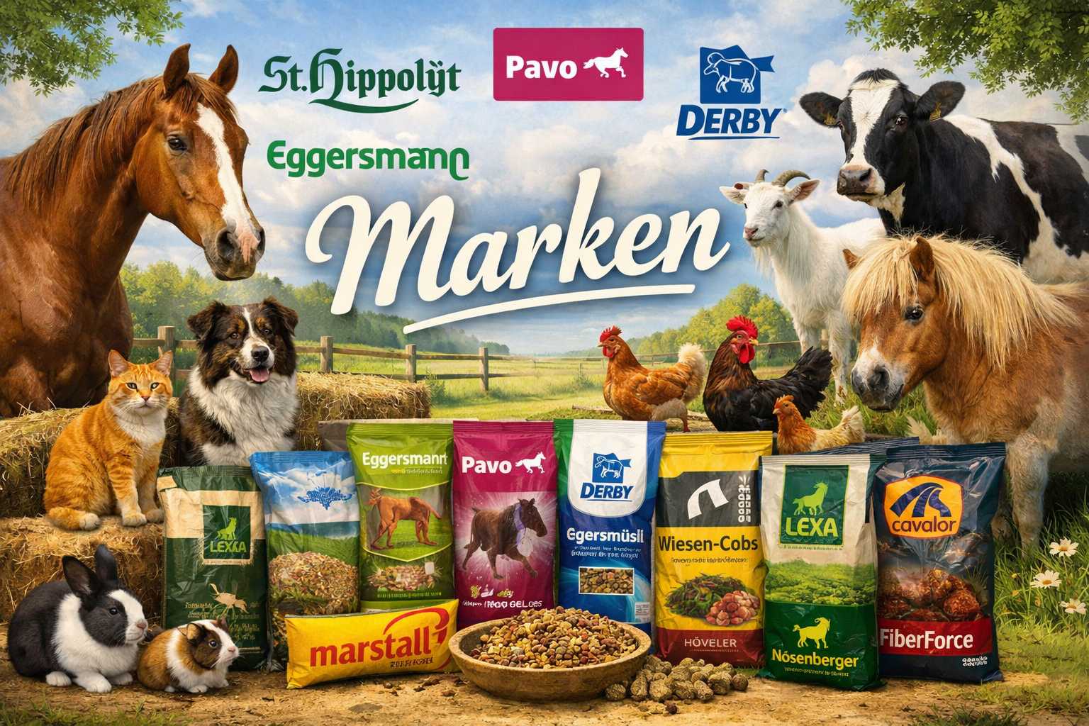 Viele Futtersäcke bekannter Pferdefutter Marken wie St. Hippolyt, Eggersmann, Pavo, Derby, Höveler, LEXA und Cavalor mit Pferden und Hoftieren