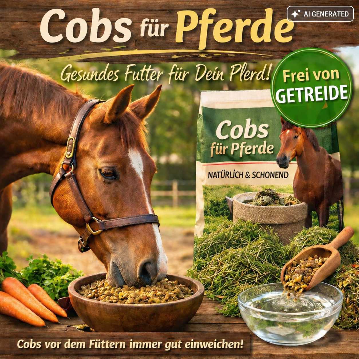 Braunes Pferd frisst eingeweichte Cobs aus einer Futterschüssel. Daneben stehen ein Sack Pferdecobs, Heu, Karotten und eine Schale mit Wasser zur Zubereitung.