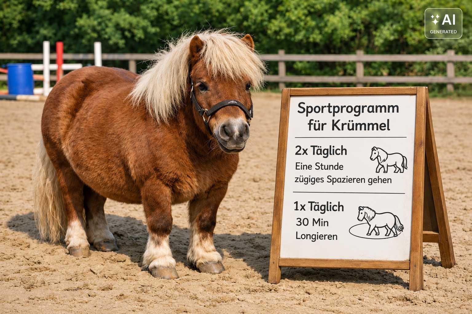 Braunes Pony steht neben einer Tafel mit Trainingsprogramm auf dem Reitplatz