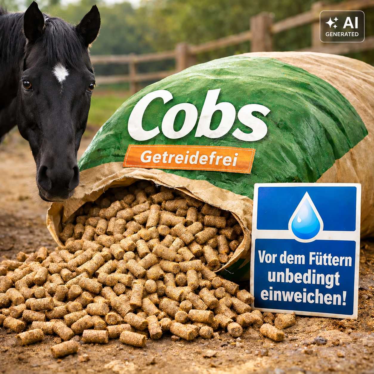 Schwarzes Pferd neben einem geöffneten Sack mit getreidefreien Cobs. Die Futterpellets liegen auf dem Boden. Ein Hinweisschild erinnert daran, die Cobs vor dem Füttern einzuweichen.