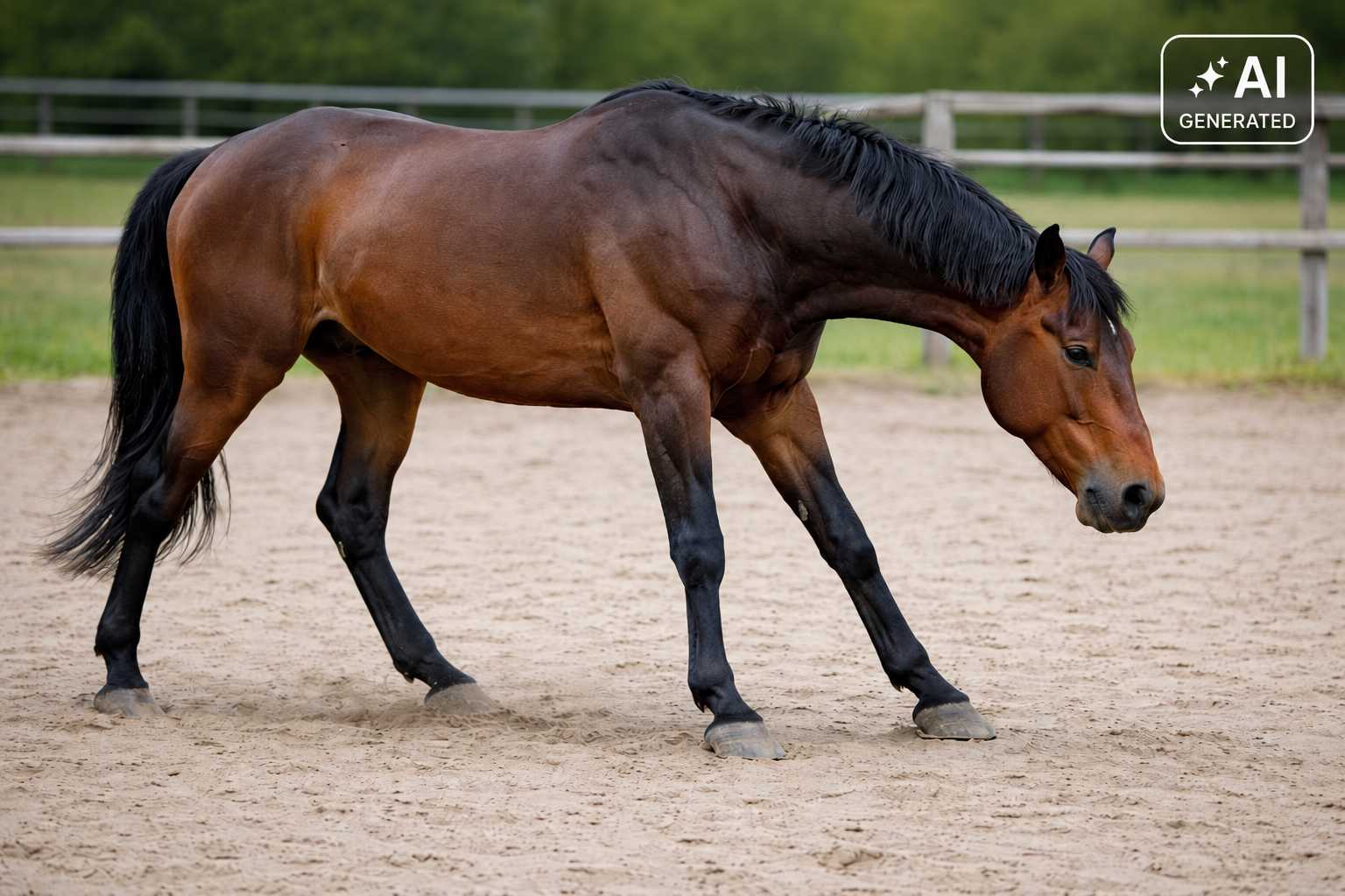 Braunes Pferd läuft mit gesenktem Kopf über einen Reitplatz