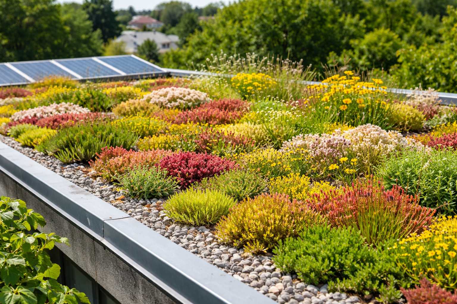 Flachdach mit extensiver Begrünung aus Sedum, bunten Blühpflanzen und Kiesflächen, im Hintergrund Solarpaneele