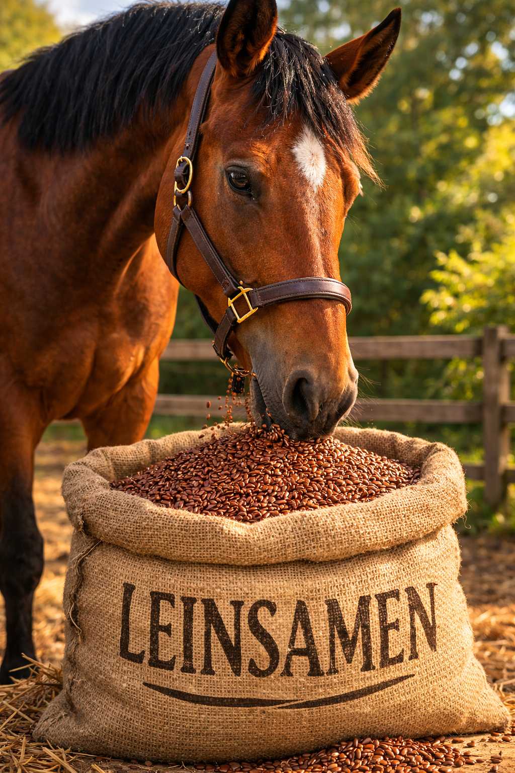 Ein Pferd frisst Leinsamen aus einem Sack im Stall, als natürliche Ergänzung für Fellglanz und eine gesunde Verdauung.