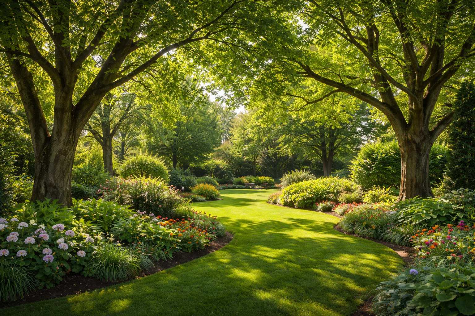 Großer gepflegter Garten mit alten Bäumen, grünem Rasen und blühenden Beeten in sonniger Atmosphäre