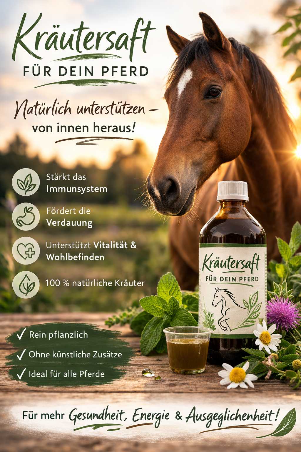 Braunes Pferd neben Kräutersaft für Pferde mit frischen Kräutern – natürliche Unterstützung für Immunsystem, Verdauung und Vitalität