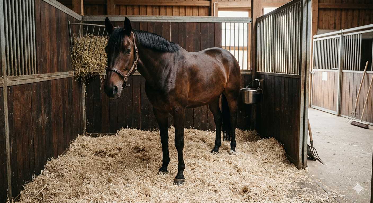 Dunkelbraunes Pferd steht in einer Holzstallbox mit Heunetz