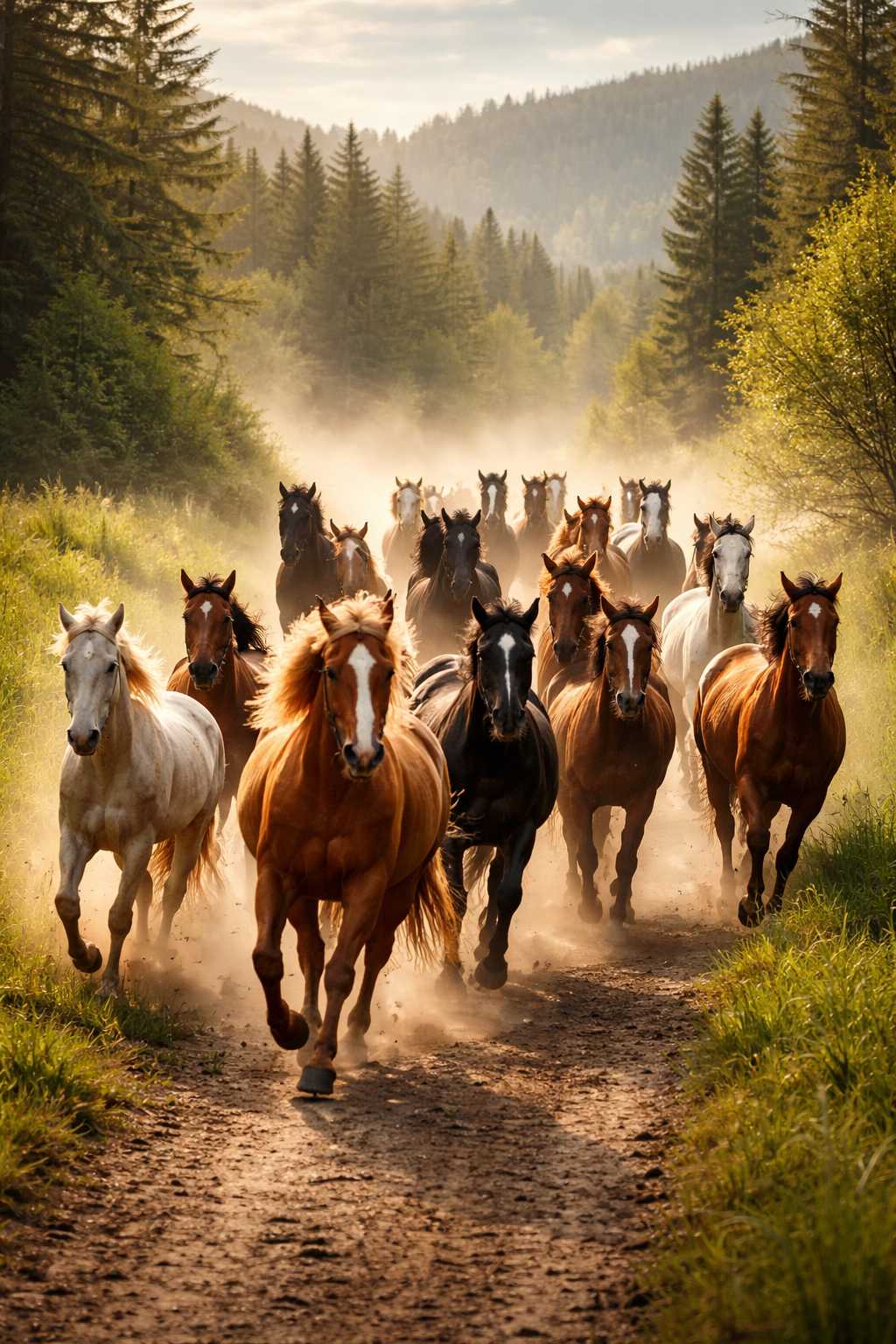 Große Pferdeherde galoppiert gemeinsam über einen Naturweg durch eine Landschaft mit Wald und aufgewirbeltem Staub