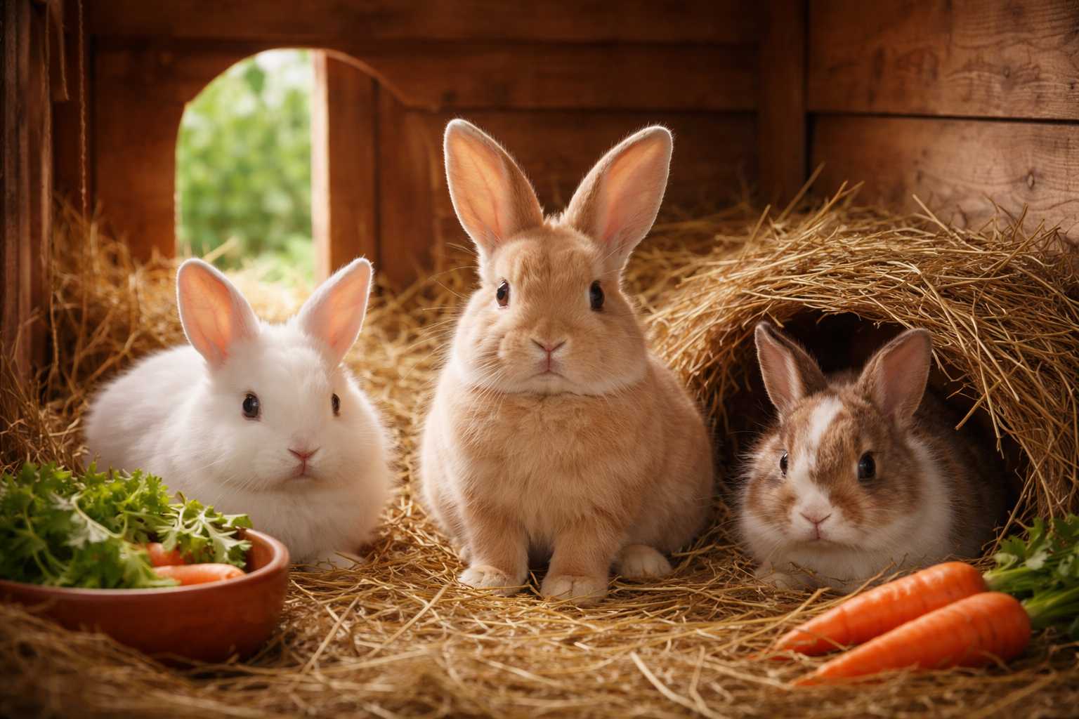 Drei Kaninchen sitzen auf Stroh in einem Stall neben Karotten und frischem Grünfutter