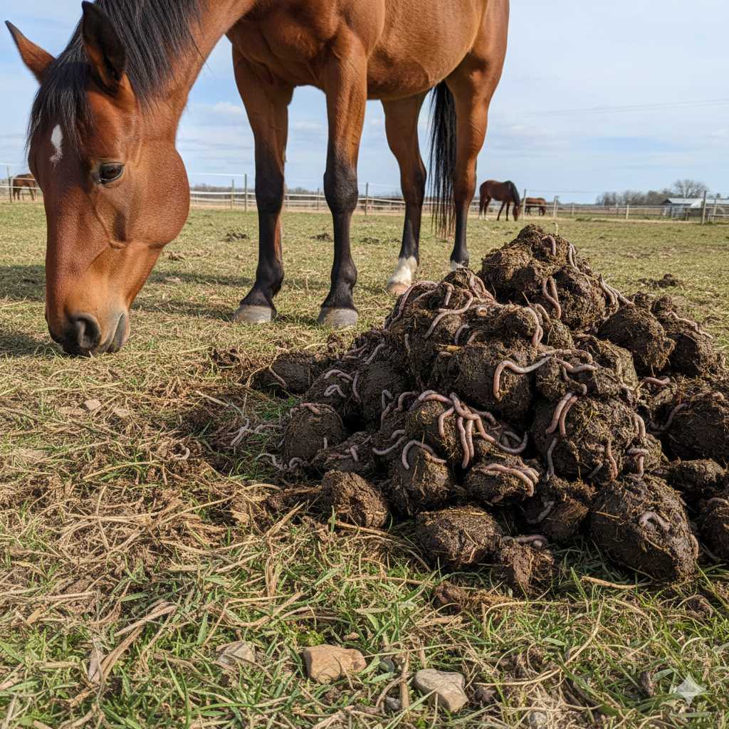 Braunes Pferd steht auf einer Weide neben einem Haufen Pferdekot, in dem zahlreiche Würmer deutlich sichtbar sind; im Hintergrund weitere Pferde und ein Zaun.