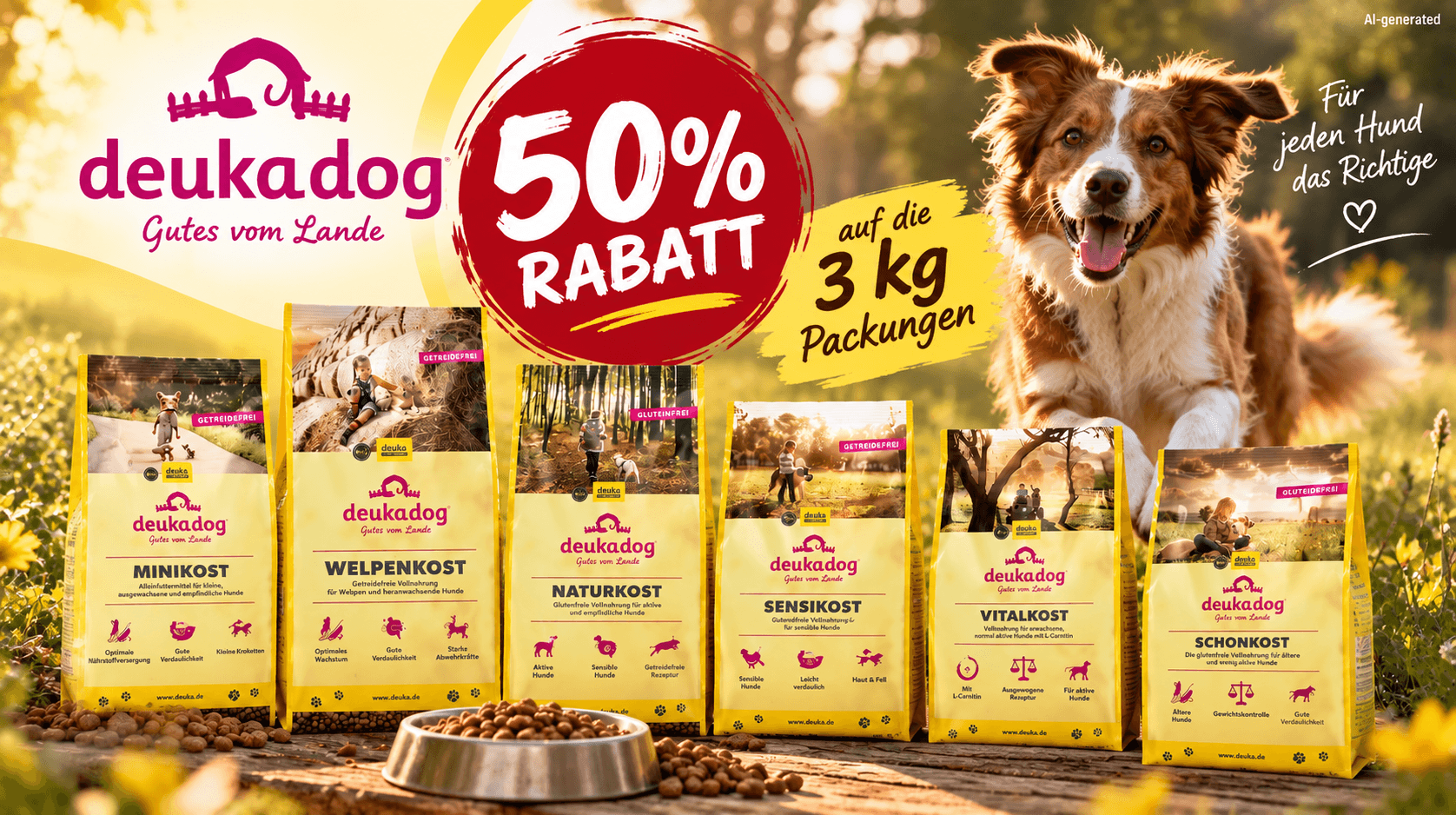 Verschiedene deuka dog Hundefutter-Sorten in der 3-kg-Packung mit 50 % Rabatt
