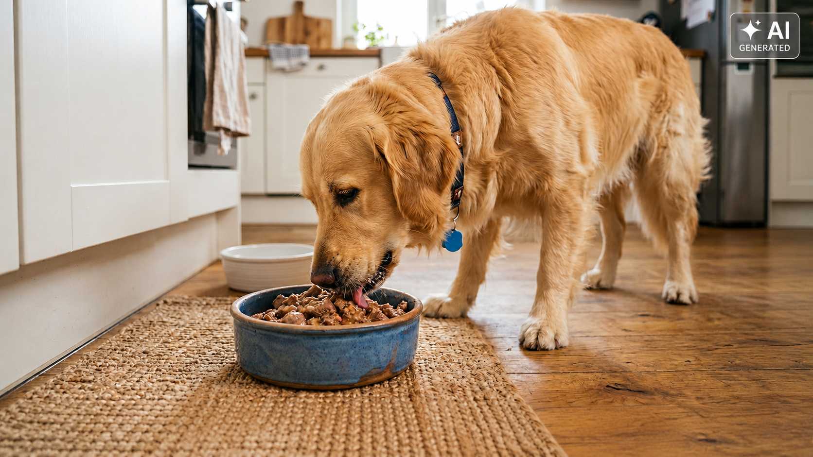 Golden Retriever frisst Nassfutter aus einem blauen Futternapf auf einem Teppich in einer hellen Küche.