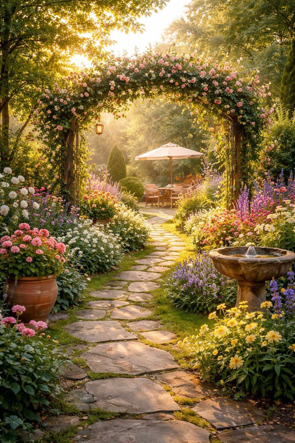 Blühender Garten mit Rosenbogen, bunten Blumenbeeten und gepflastertem Weg zu einer gemütlichen Sitzecke im Sonnenlicht