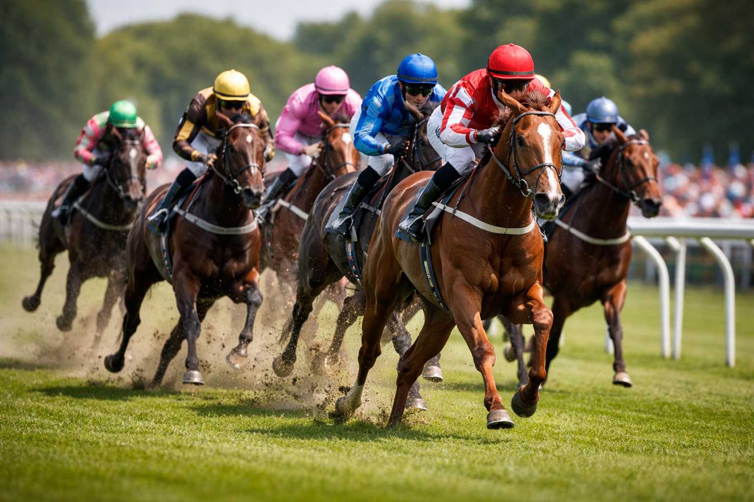 Mehrere Jockeys reiten ihre Pferde im Galopp während eines Rennens auf einer grünen Rennbahn