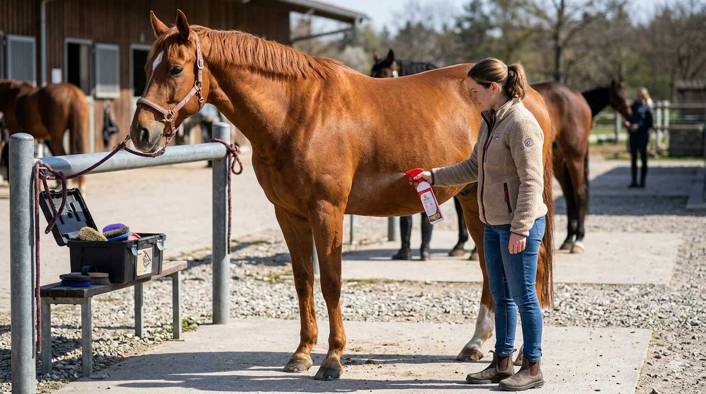 Frau pflegt ein Pferd im Stall und sprüht Fellpflegeprodukt auf das braune Pferd während Putzzeug bereitsteht