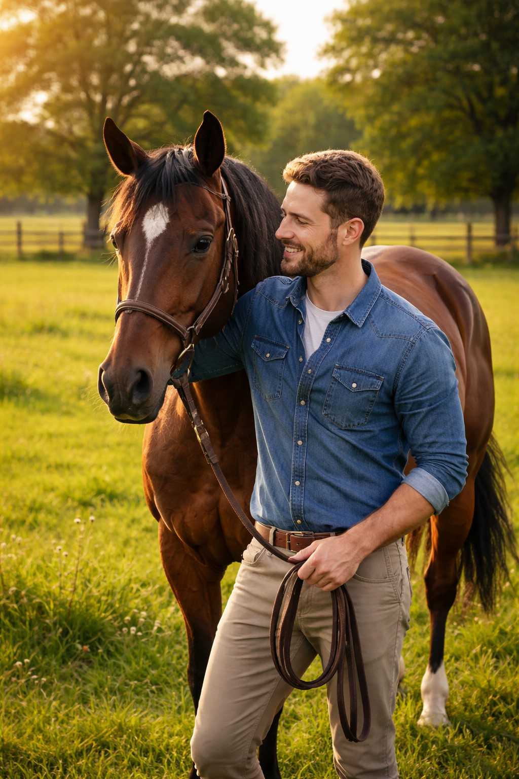 Ein Mann führt ein Pferd entspannt über eine grüne Wiese im warmen Abendlicht