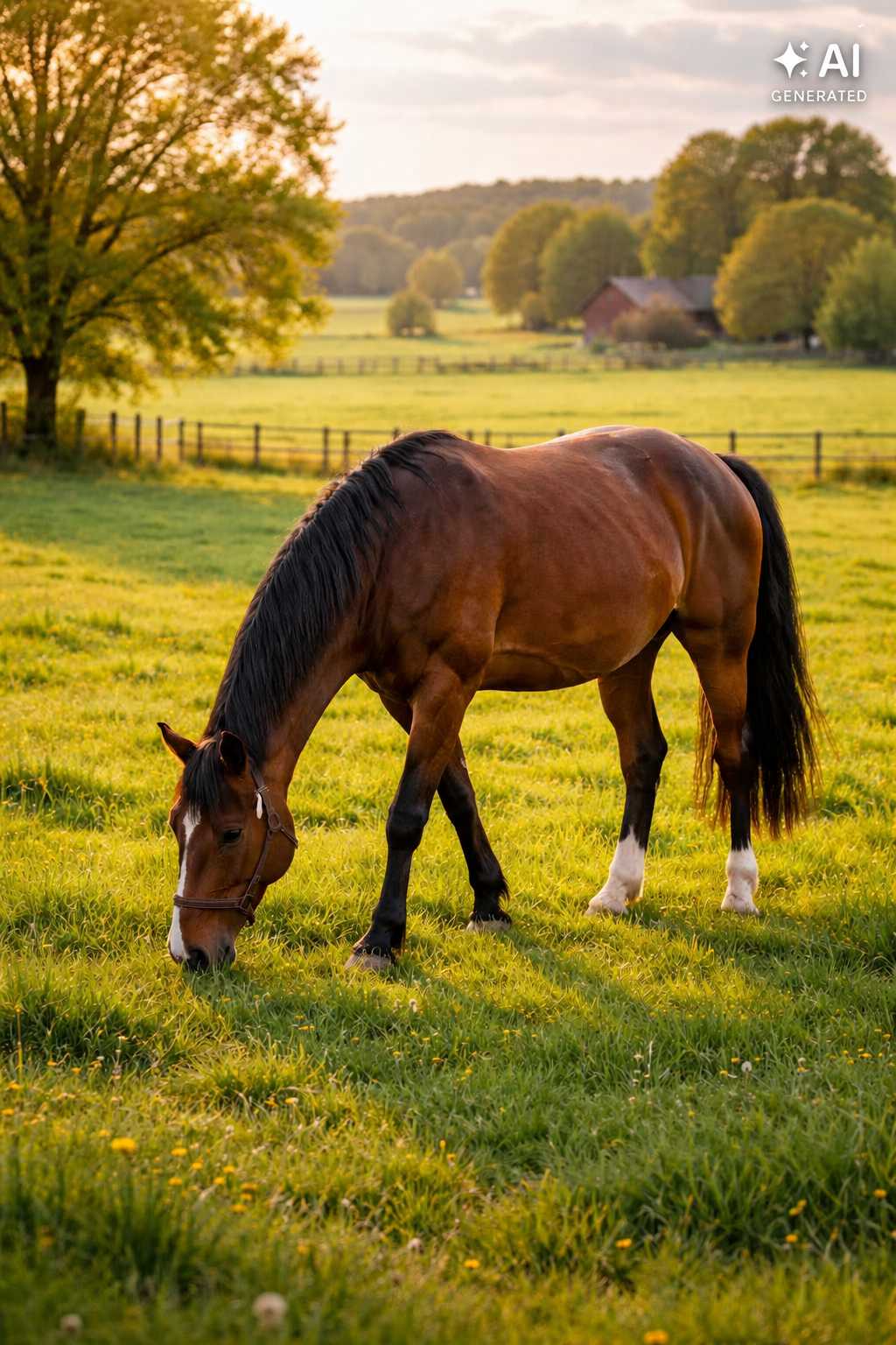 Braunes Pferd mit schwarzer Mähne grast auf einer grünen Weide im warmen Abendlicht. Im Hintergrund sind Weidezäune, Bäume und ein Bauernhof zu sehen.