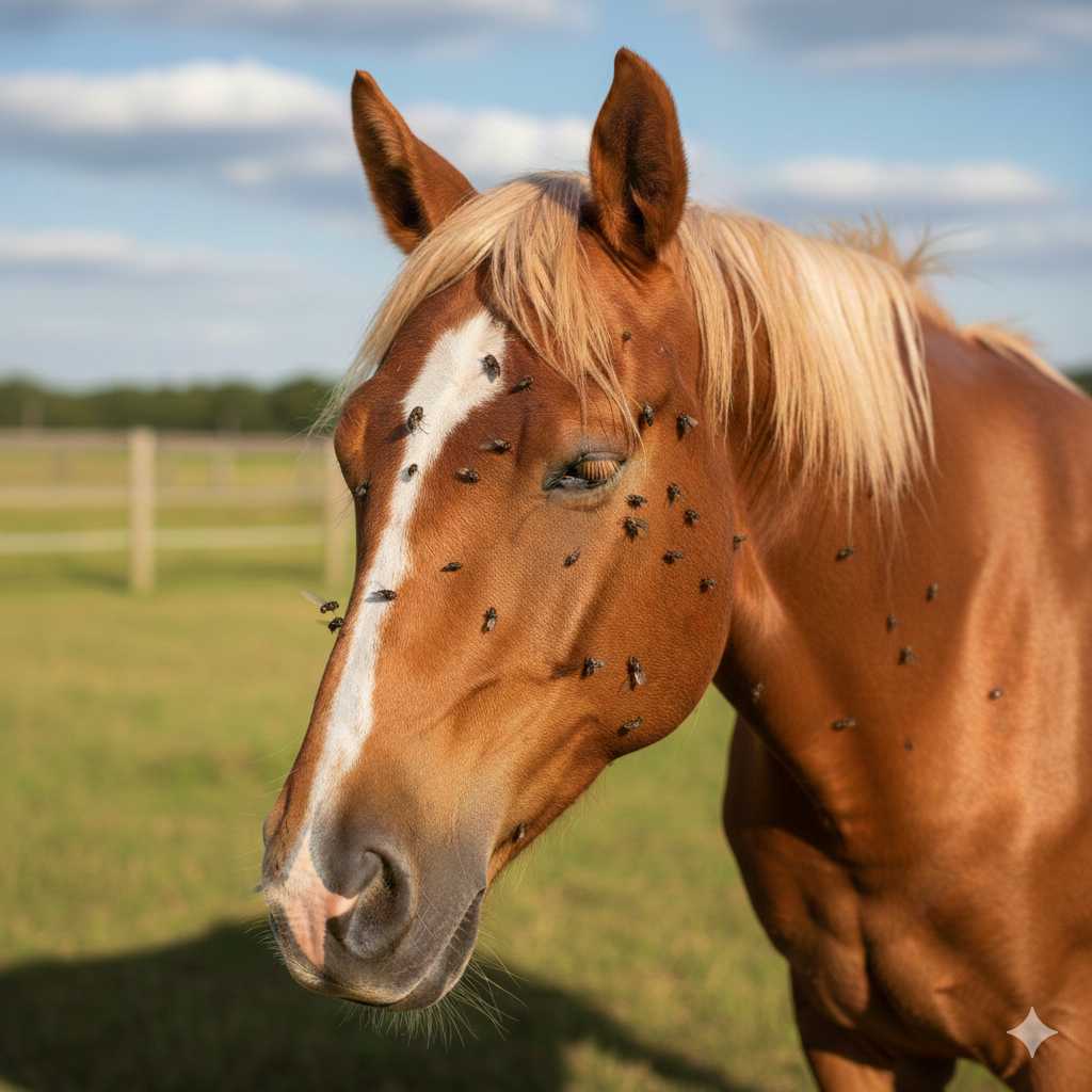 Braunes Pferd mit heller Mähne steht auf einer Weide, zahlreiche Fliegen sitzen im Gesicht und am Körper des Tieres.