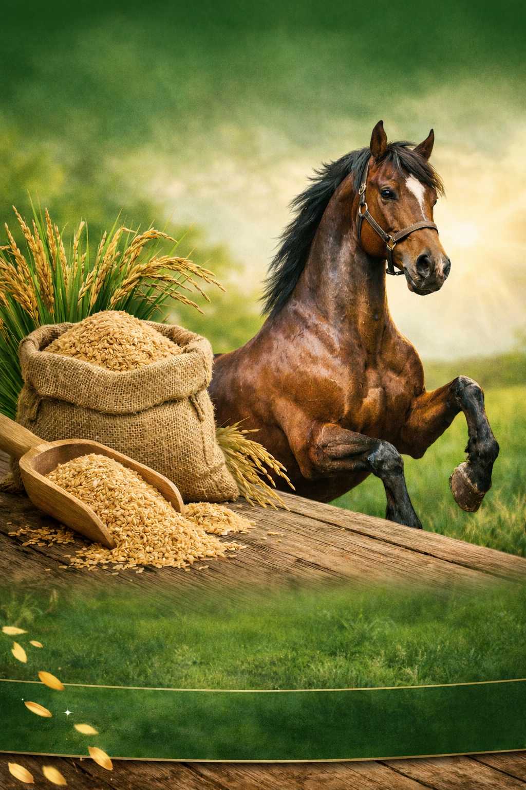 Braunes Pferd steht aufgerichtet neben einem Sack mit Getreide und einer Schaufel voller Körner auf einer Wiese