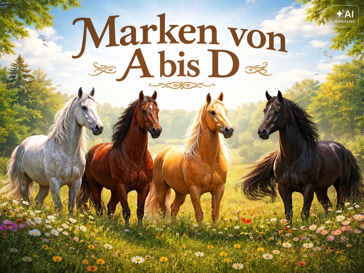 Vier Pferde in Weiß, Braun, Goldbraun und Schwarz stehen auf einer grünen Blumenwiese. Darüber steht der Schriftzug „Marken von A bis D“.