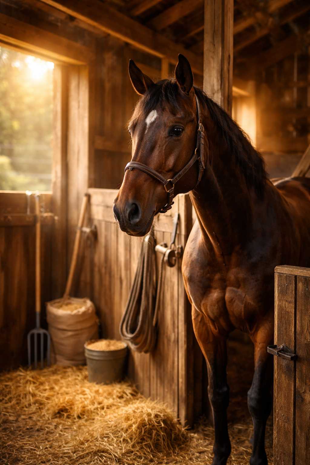 Braunes Pferd steht in einer Stallbox mit Stroh und Stallausrüstung im Hintergrund