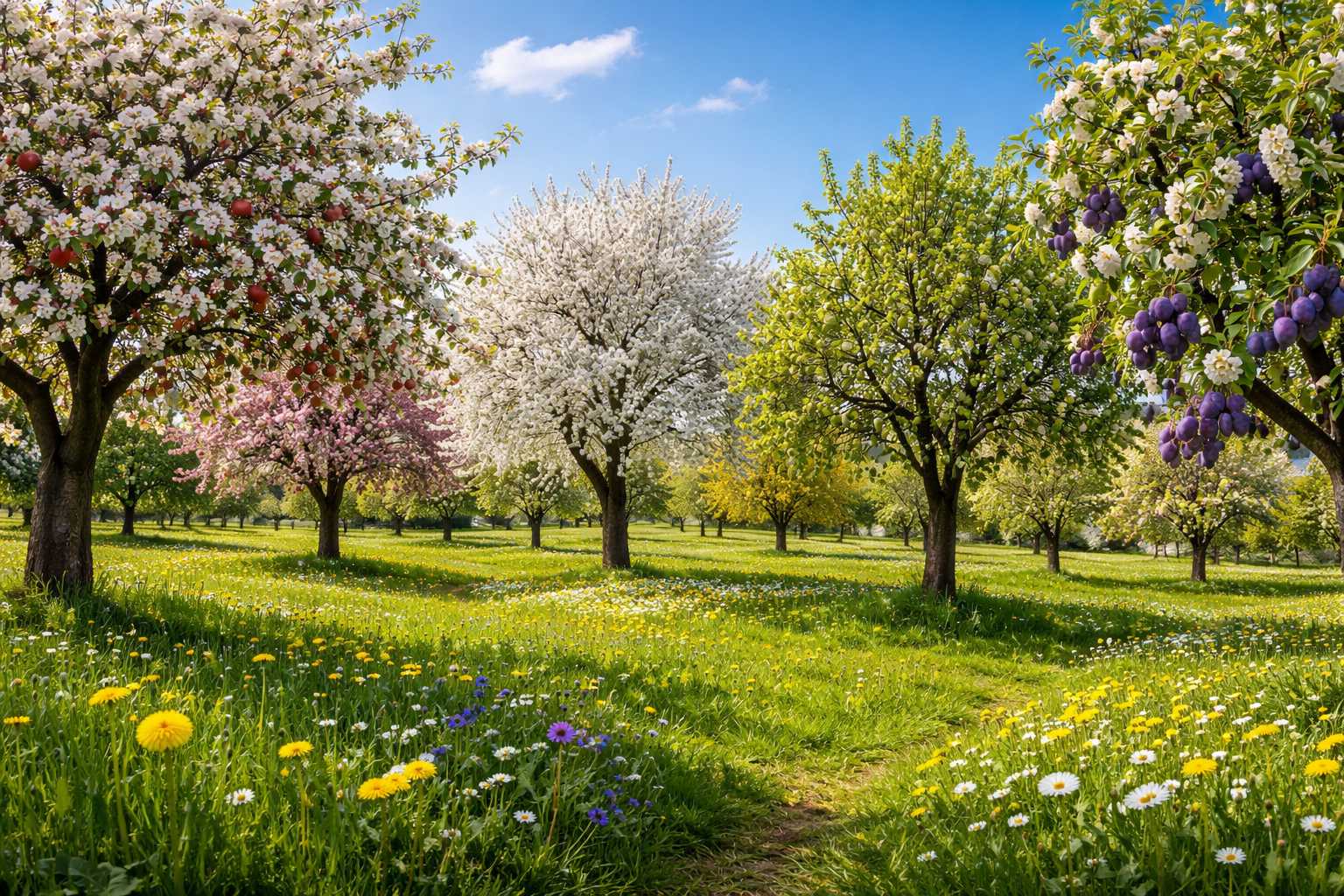 Blühende Obstbäume mit weißen und rosa Blüten auf einer Wiese mit Blumen im Frühling