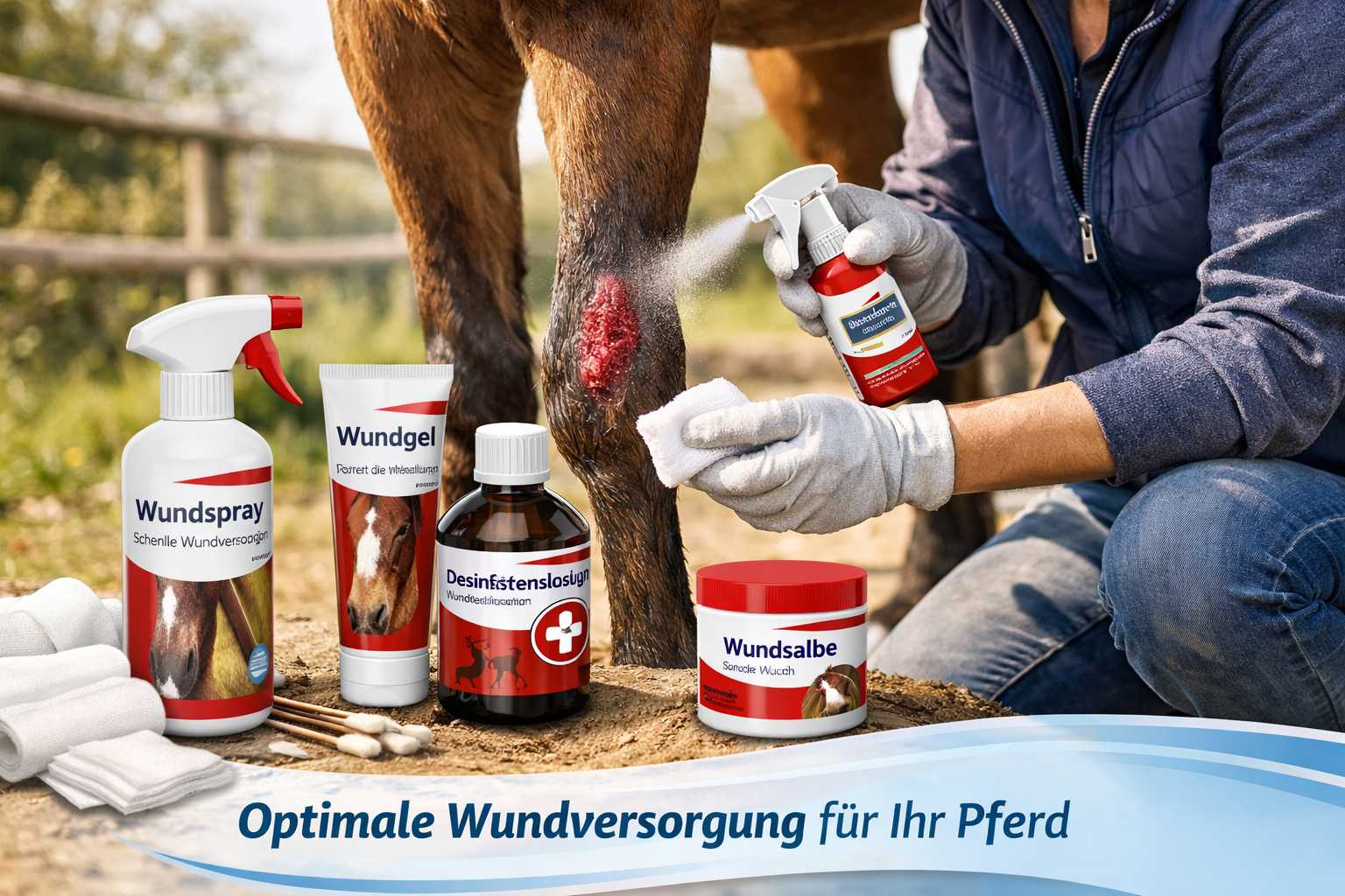 Versorgung einer Wunde am Pferdebein mit Wundspray und Desinfektionsmittel